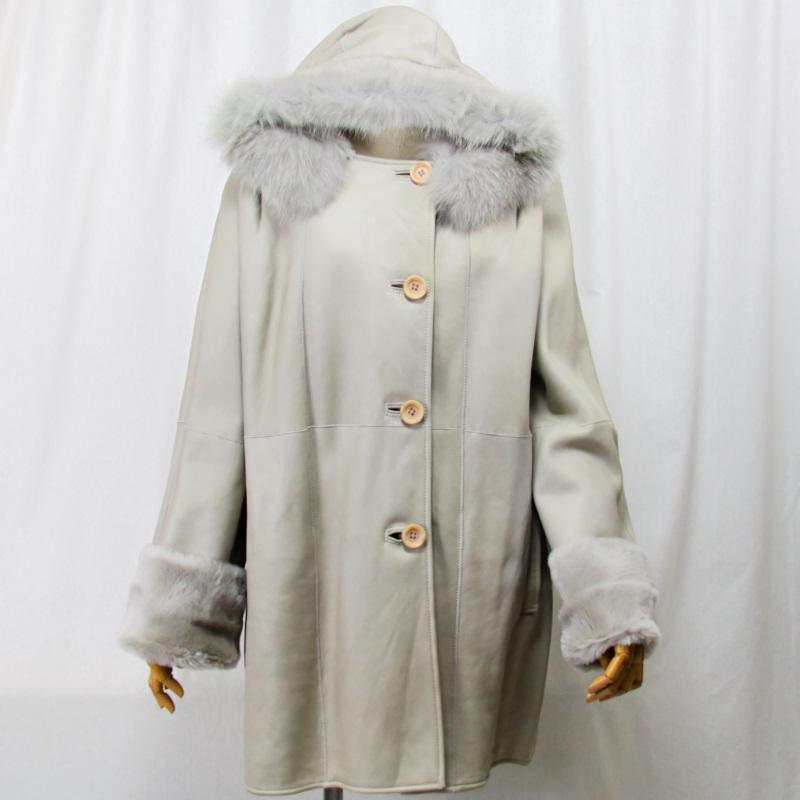毛皮/ムートン/フォックス/羊革/ムートンコート/リアルファー フード付きムートンコート フォックストリミング/１枚革 ダブルフェイス | 