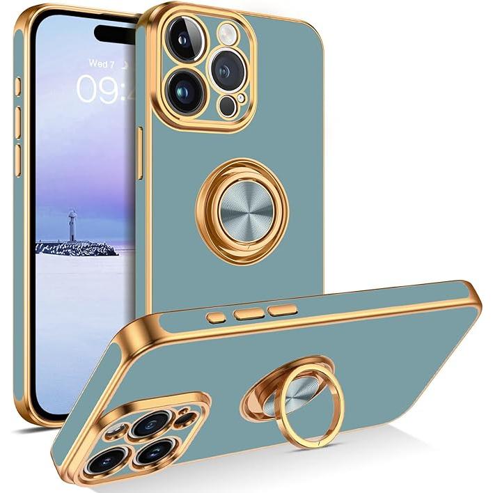 iPhone15シリーズ リングホルダー カメラレンズ保護 スタンド ブルー