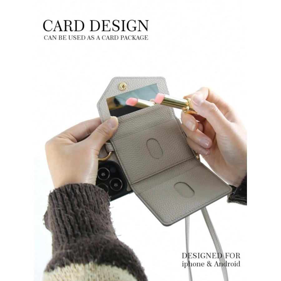 iPhone レザー カード収納 ケース ミラー付き ショルダー ストラップ