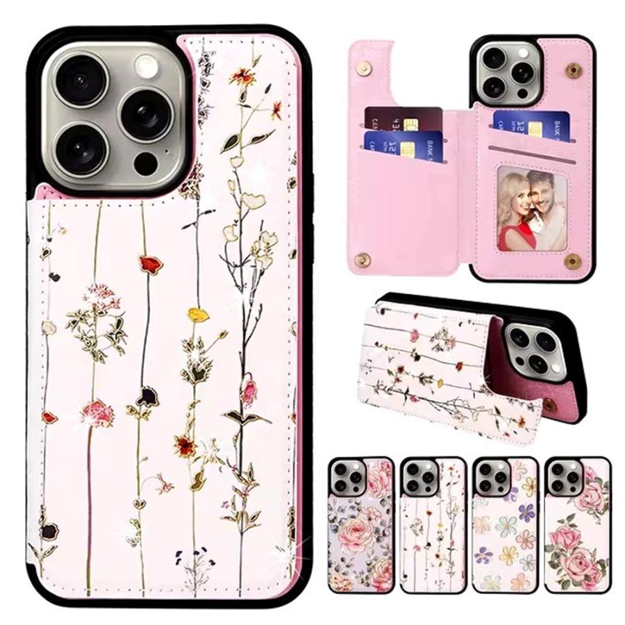 iPhone PUレザー カード収納 スタンド機能 フラワー 花柄 ケース 全4色