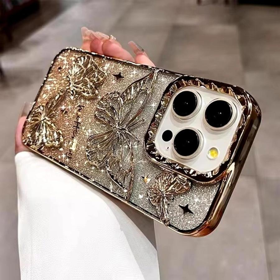 バタフライ♡キラキラ✨レインボー 花 フラワー 惑星 フチ iPhoneケース iPhone TPU グリッター キラキラ ラメ バタフライ 蝶々 ケース 全6色