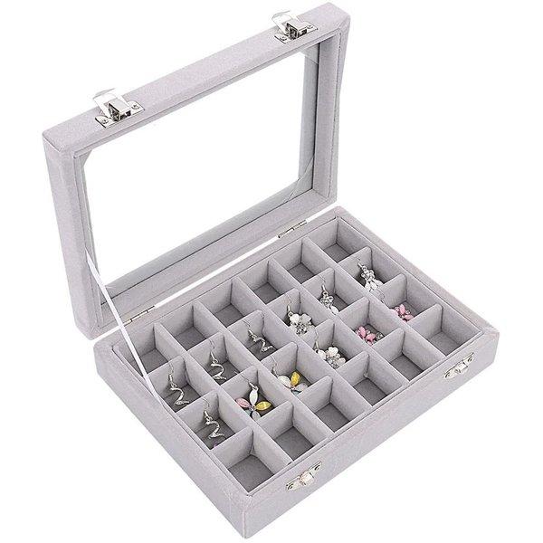 即納 ジュエリーボックス アクセサリーケース 24区画グレー ピアス
