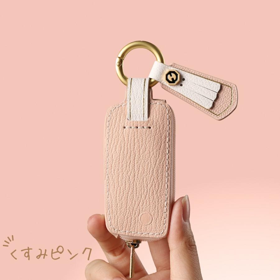No.22くすみピンクwood☺︎キーホルダー 新型キー対応】Tebraキー くすみカラー THKY‐02L ケース 本革 キー