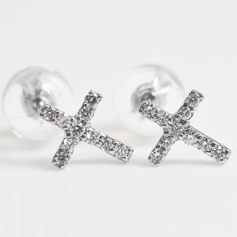 Pt900 0.10ct ダイヤクロス ピアス 両耳 プラチナ ダイヤモンド 1個 0.05ct×2  鑑別カード付 メンズ レディース ジュエリー ダイアモンドの画像