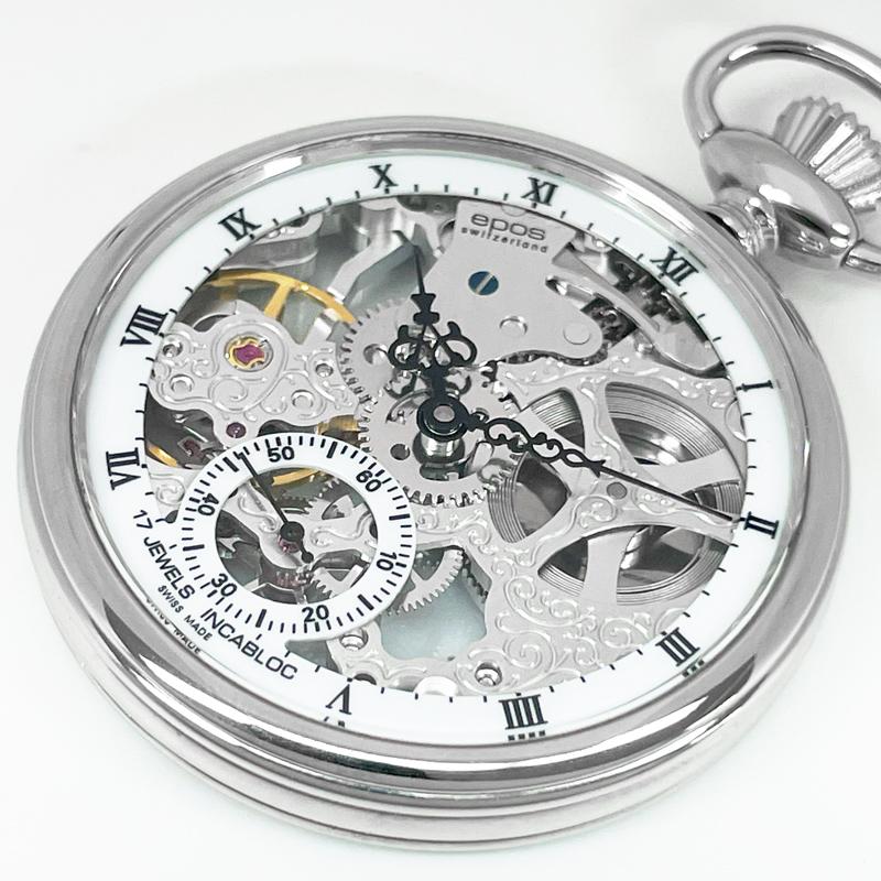 エポス epos 懐中時計  2003 裏スケルトン ローマン数字 ポケットウォッチ 手巻き シースルー チェーン付 新品 送料無料 | エポス | 02