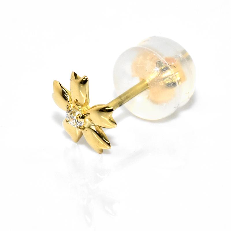 K18 ダイヤピアス 桜フラワーピアス 6mm 片耳用 シングル 1個 ダイヤモンド 18金 イエローゴールド 花 桜 フラワー レディースの画像