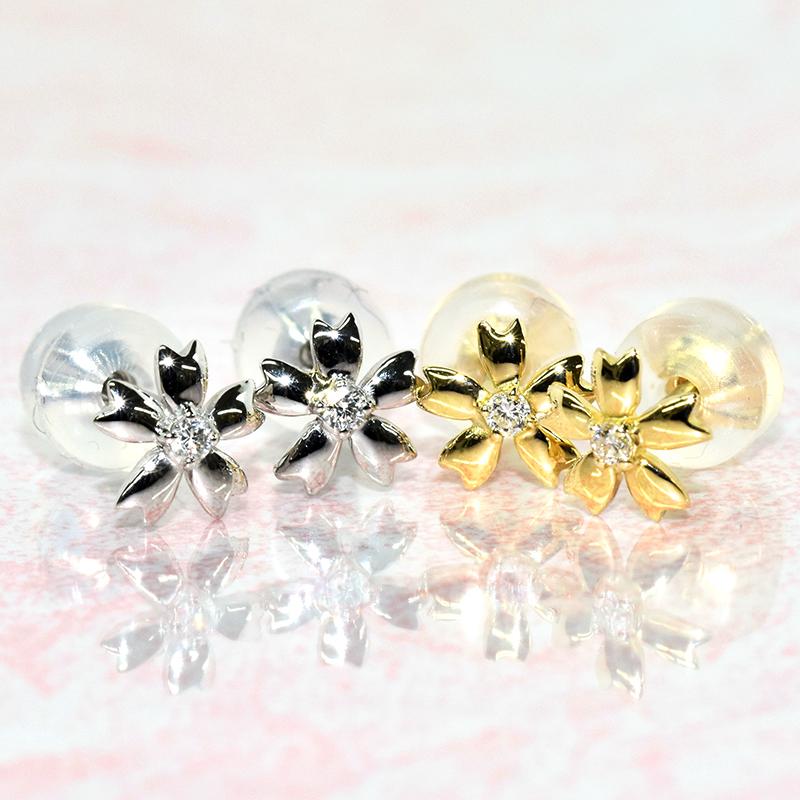 K18 ダイヤピアス 桜フラワーピアス 6mm 片耳用 シングル 1個 ダイヤモンド 18金 イエローゴールド 花 桜 フラワー レディースの画像