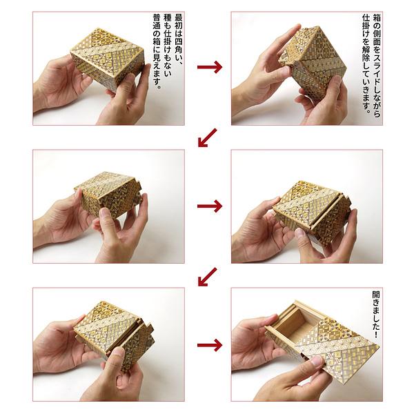 木製　からくり箱　横スライド　木工工芸 仕掛けで開くからくり箱 箱根寄木 秘密箱 4寸サイズ 10回仕掛け 細工箱