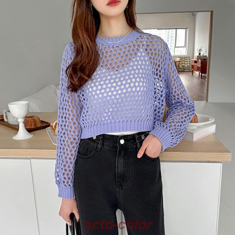 メッシュニットベアトップス メッシュニット 透かし編みトップス 長袖[品番：AGCW0004724