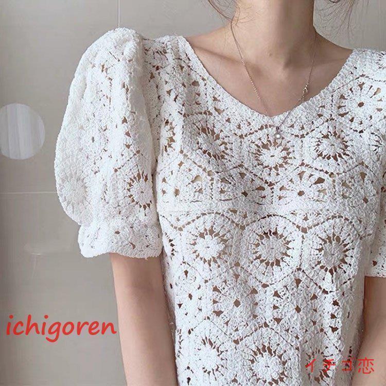 フリル ブラウス レース 半袖 バルーンスリーブ バルーン袖 夏 プルオーバー Tシャツ 花柄 ス レディース 透かし彫り 綿 コットン Vネック フリル ブラウス レース 半袖 バルーンスリーブ バルーン袖 夏
