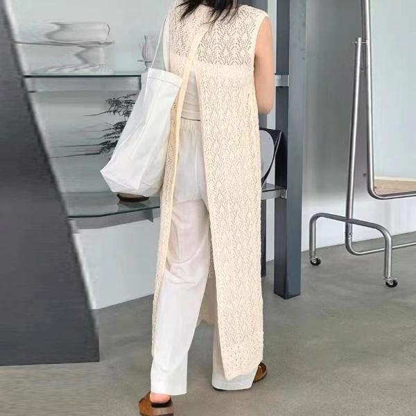 ジレ レディース カーディガン 春 夏 無地 レース メッシュ ニット 丸首 ノースリーブ ロング丈 ビスチェ 40代 50代トップス ジレ レディース カーディガン 春 夏 無地 レース メッシュ