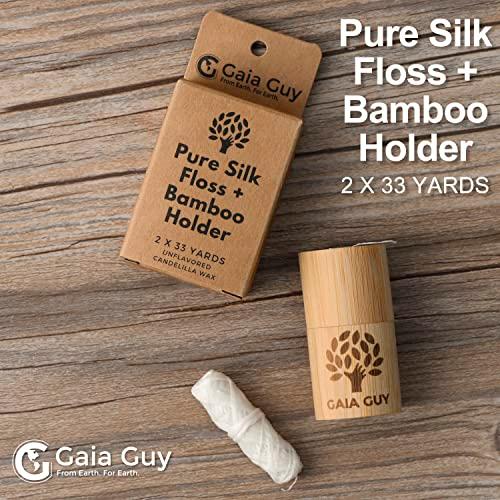 Gaia Guy 天然無味シルクデンタルフロス フロス詰め替え&再利用可能な竹ホルダー付き | 33ヤード堆肥化可能なピュアシルク2個 カンデリ |  | 01