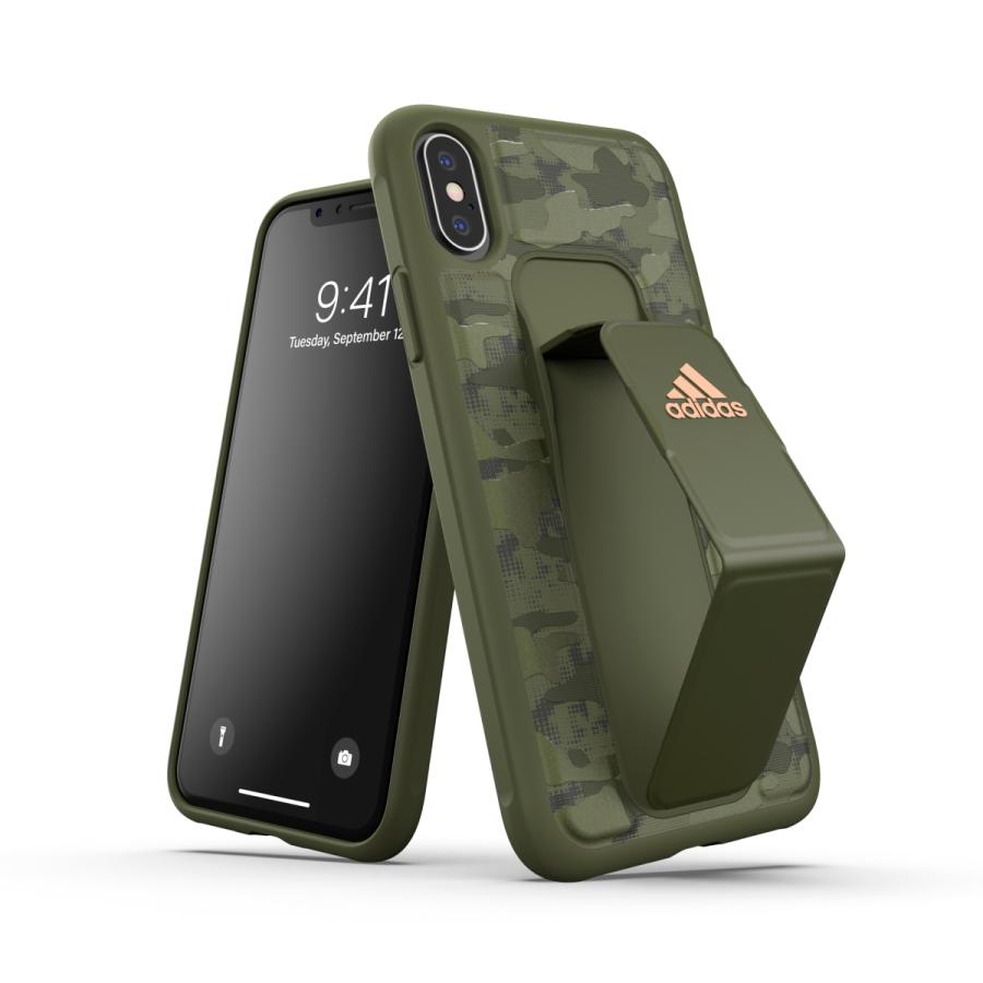 adidas アディダス iPhone X / iPhone XS ケース スマホケース グリップバンド付き スタンド機能 耐衝撃 カモ柄 オリーブカラー おしゃれ スマホカバー ブランド | adidas