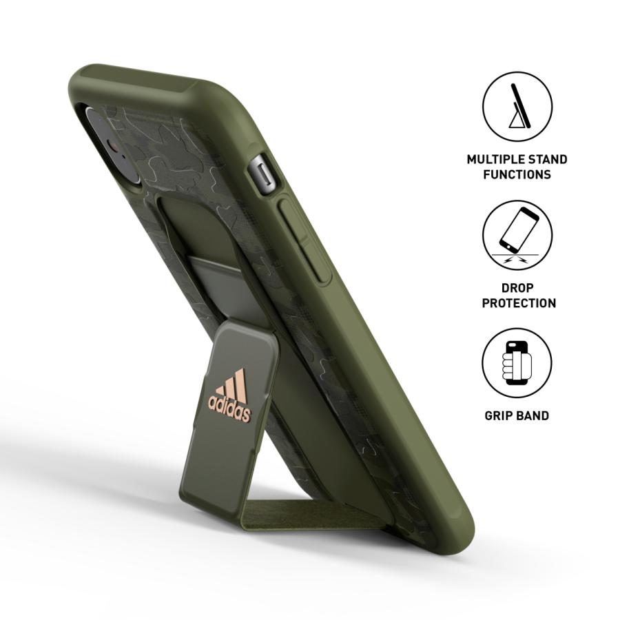 adidas アディダス iPhone X / iPhone XS ケース スマホケース グリップバンド付き スタンド機能 耐衝撃 カモ柄 オリーブカラー おしゃれ スマホカバー ブランド | adidas | 01
