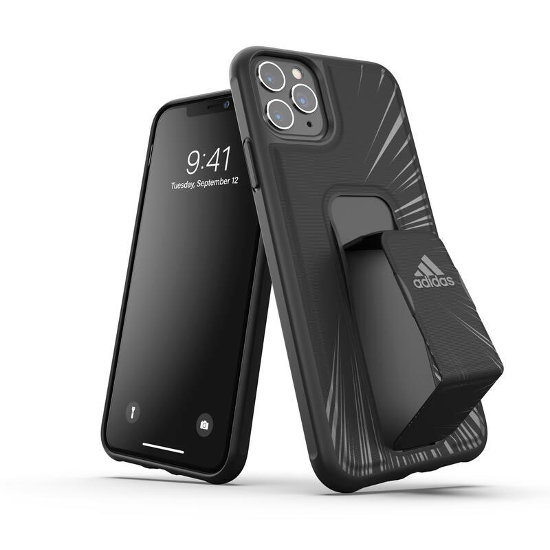 送料無料 adidas アディダス スマホケース iPhone ケース グリップバンド付き スタンド機能 耐衝撃 ［ ブラック 黒 グレー ］ | adidas