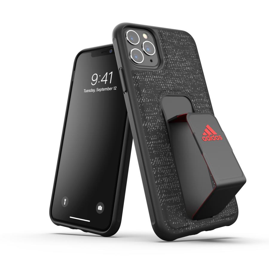 adidas アディダス iPhone 11 Pro Max ケース スマホケース グリップバンド付き スタンド機能 スポーツ仕様 耐衝撃 ブラック/レッド おしゃれ ブランド | adidas