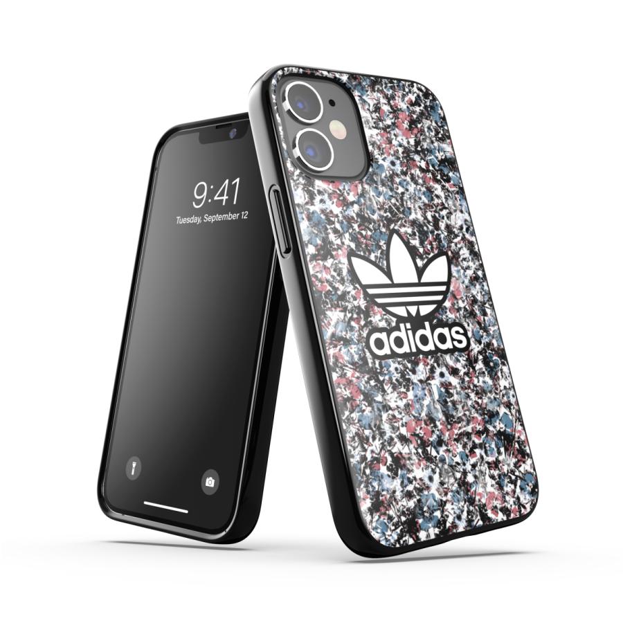 adidas アディダス iPhone 12 Mini ケース アイフォン カバー スマホケース 耐衝撃 TPU 花柄 フローラル プリント ブラック x ローズ x ブルー ブランド｜smartstyle-select