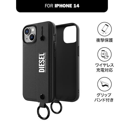 DIESEL ブラック レザー ケース iPhone14ケース レザー風ハンドストラップ ブラック/ホワイト