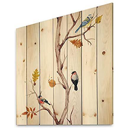 流行に  DesignQ 木の枝の上の小さな鳥 天然松材に伝統的なプリント - IV レリーフ、アート