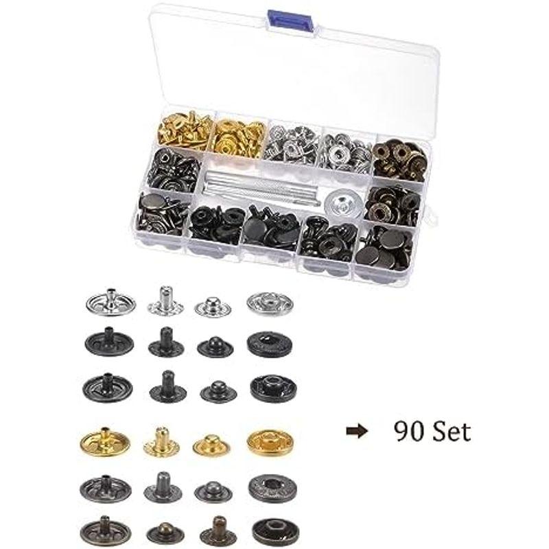 Kozelo 90セット スナップファスナーキット 15mm 金属製 取り付けツール付き 衣類や革製品に使用するプレススタッドボタン 6色