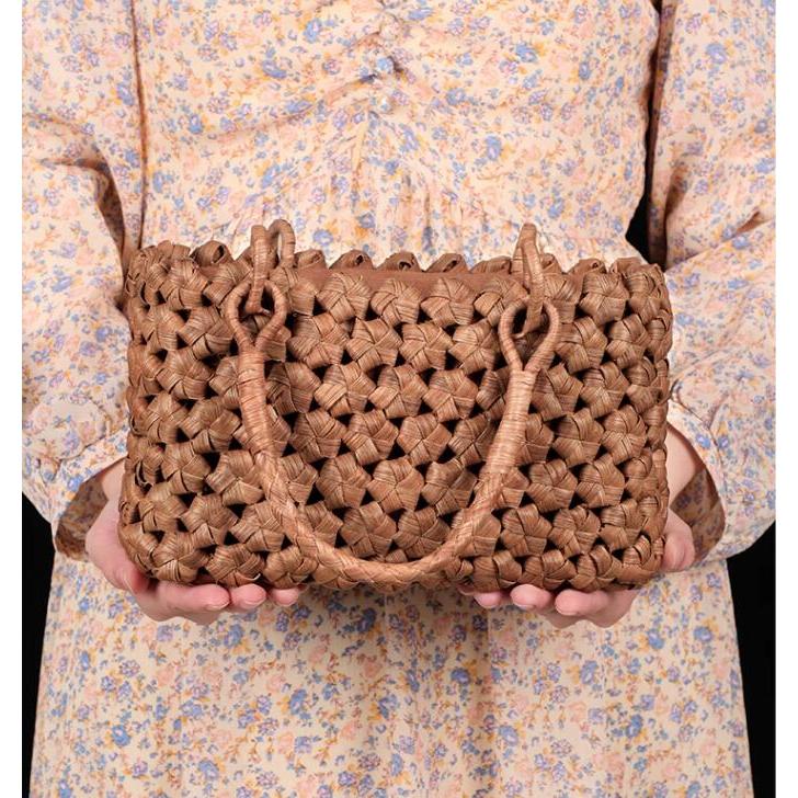 六角花編み 山葡萄かごバッグ 山ぶどう ショルダーバッグ 綿麻内