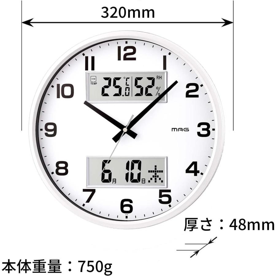 掛け時計 アナログ ダブルポスト 静音 連続秒針 温度 湿度 日付 曜日表示 ホワイト W-766WH-Z 直径32cm MAG(マグ)｜smile-com｜02