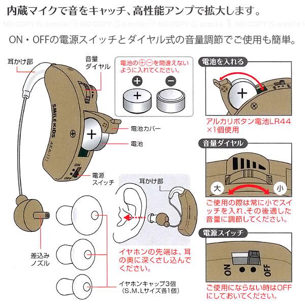 耳かけ集音器4 AKA-111 「ポスト投函送料無料」/ 集音器 補聴器 耳かけ式 耳かけ 電池式 左右両耳 フィット カナル式 イヤホンキャップ付き 会話 テレビ｜smile-hg｜03