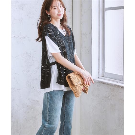 ☆希少☆  レディースベスト ホワイト SMILELAND トップス 2点セット（透かし編みベスト＋Tシャツ