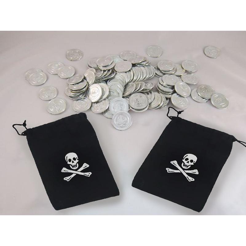 海賊 スカル コイン 100枚 ＆ ドクロ 収納袋 セット / 銀貨 金貨
