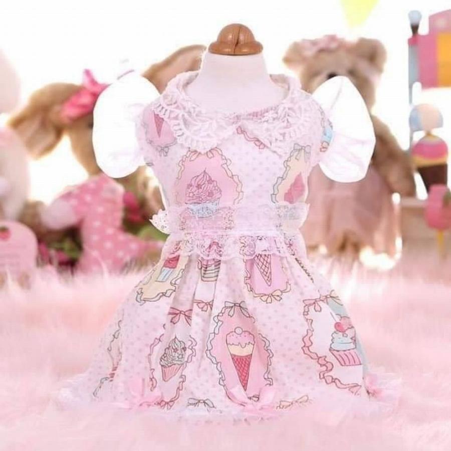 犬服　くまさんレースをたくさん使ったフリフリワンピース見本 犬服くまさんレースをたくさん使ったフリフリワンピース見本