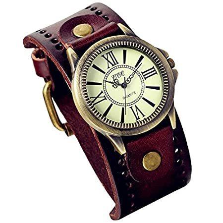 日本最大の lancardoヴィンテージレザーブレスレット腕時計アンティーク真鍮ブロンズトーンベゼル(ブラウン、2個入り) 腕時計