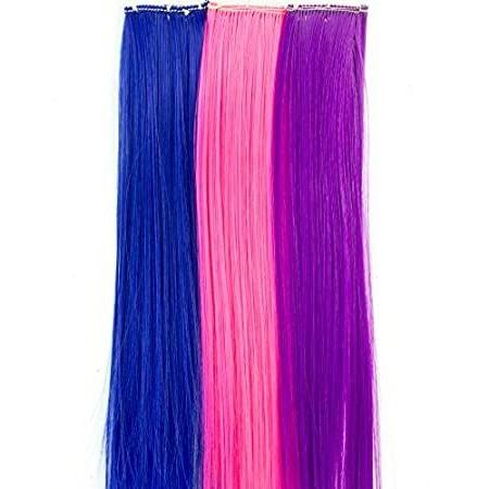 Clip In Hair Pieces, Set of 3 with Hot Pink, Blue and Purple Straight Hair