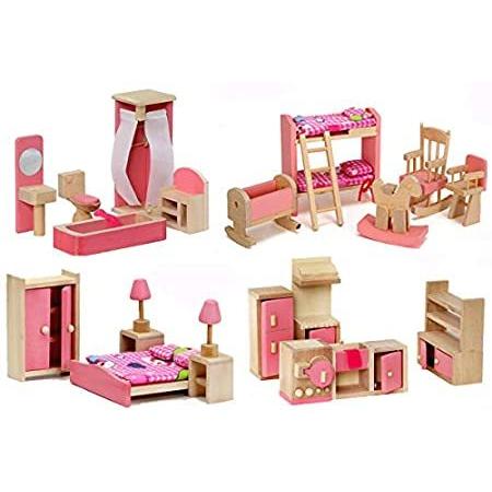 Giraffe 4 Set Pink Wooden Dollhouse Furniture, Miniature Bathroom/ Kid Room