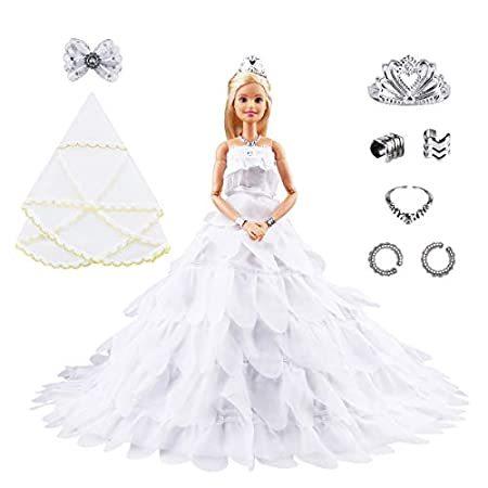 Keysse 人形服 ボリュームスカート 大きなトレーリングウェディングドレス アクセサリー5個付き クラウン+ベール+リボンヘアクリップ+ネックレス