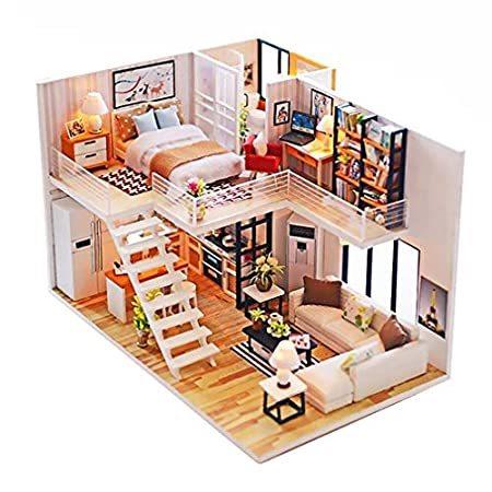 ドールハウスミニチュア 家具付き DIY木製ドールハウスキット ダストカバーと音ムーブメント 1:24スケール クリエイティブルームアイデア 子供や