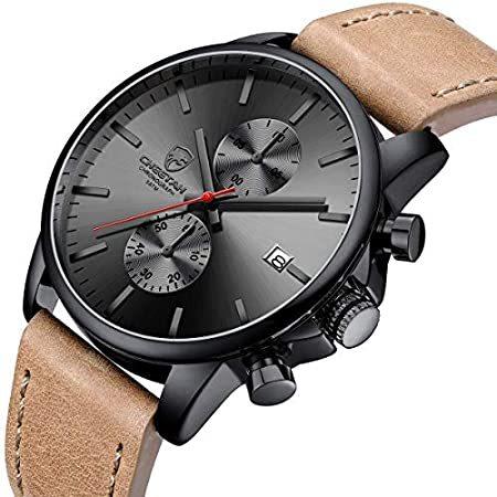 GOLDEN HOUR メンズ ファッション スポーツ クォーツ ウォッチ レザーストラップ 防水 クロノグラフウォッチ 自動日付 ブルー/レッドの針