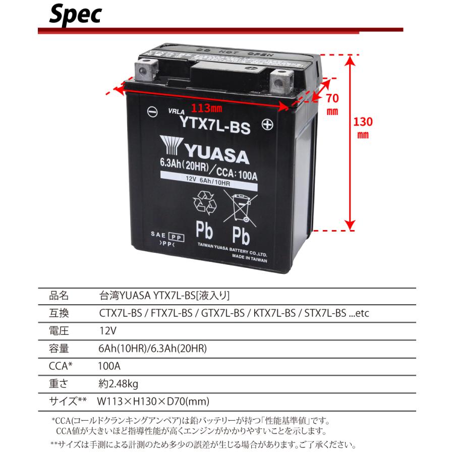バイクバッテリー YTX7L-BS ユアサ 台湾YUASA 液入り充電済み ( 互換