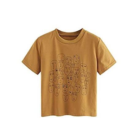 Romwe レデイーズ グラフィックプリント カートゥーンポートレート 半袖 カジュアルTシャツ トップ Mサイズ カーキ