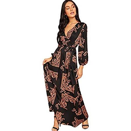 Milumia Women Scarf Print Belted V Neck Long Sleeve Boho Maxi Wrap Dress Mu