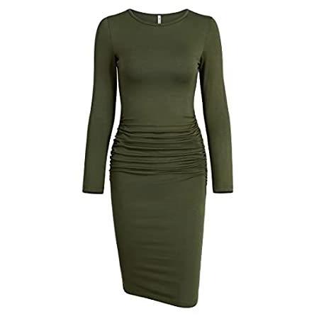 Missufe レディース 長袖 ルーシュカジュアルサンドレス ミディボディコンシースドレス US サイズ: Small カラー: グリーン