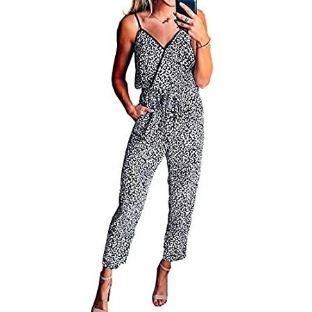 PRETTYGARDEN レディース セクシー ラップ Vネック ヒョウ柄 スパゲッティストラップ ロングパンツ ジャンプスーツ ロンパース ポケット