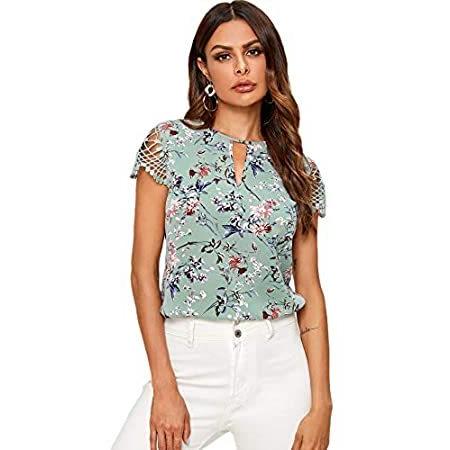 Milumia レディース 花柄プリント プリーツレース 半袖 キーホールネックブラウストップス US サイズ: Medium カラー: グリーン