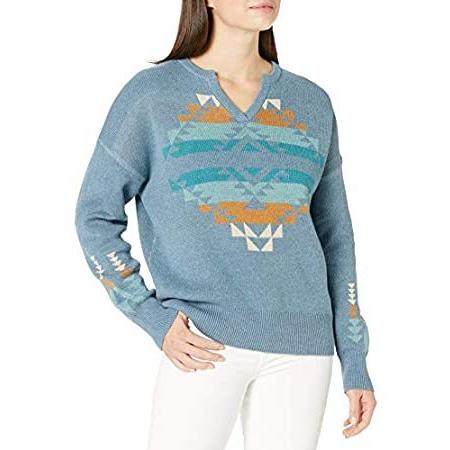 Pendleton Women´s Graphic Print Notch Collar Cotton Sweater， Faded Blue Mul