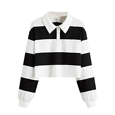 Romwe レディース 襟付きポロシャツ Vネック 長袖 クロッププルオーバー スウェットシャツ トップス US サイズ: Medium カラー: ホ