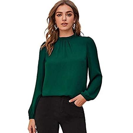 Milumia Women Elegant Mock Neck Bishop Long Sleeve Pleated Blouse Keyhole B
