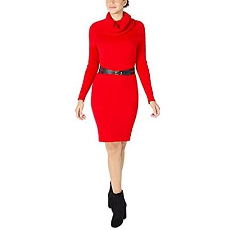 Donna Ricco Women's Roll Neck Long Sleeve Sweater Dress, Red, XL