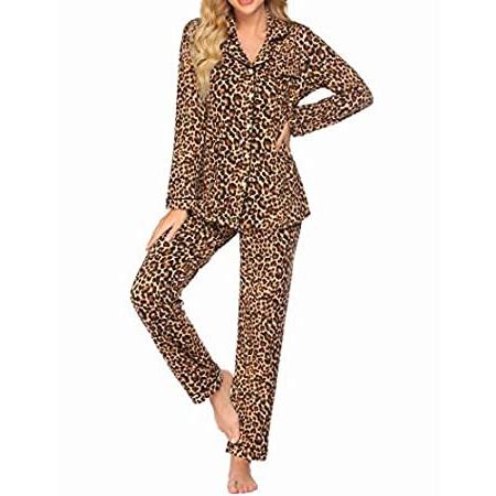 Ekouaer Women's Leopard Pajama Set Cotton Long Sleeve Loungewear Button Dow
