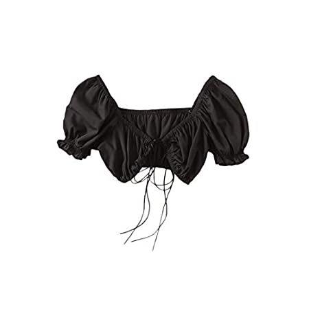 MakeMeChic Women's Solid Tie Front Ruched Puff Sleeve Crop Tee Top Black S