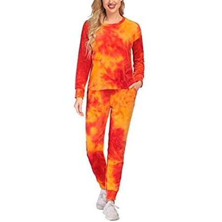 Hotouch Women Velour Tracksuit Tie Dye 2 Piece Sweatsuits Long Sleeve Jogging Suits Sports Outfit 