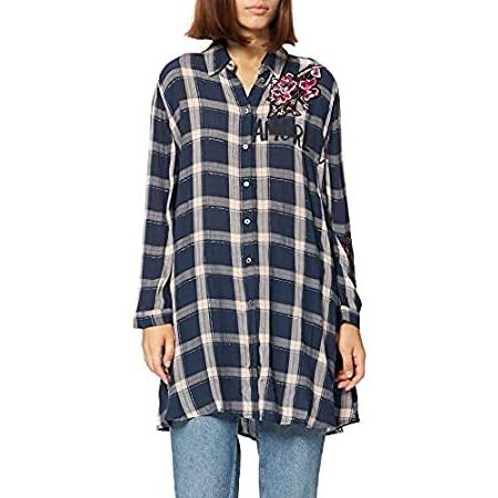 [デシグアル] チェックプリントのレディースロングシャツ ブルー M